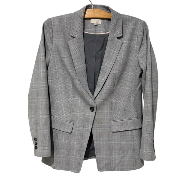 Ann Taylor LOFT | Blazer Gray Pink Plaid Single Button Long Sleeve- Size 6 - Picture 1 of 9
